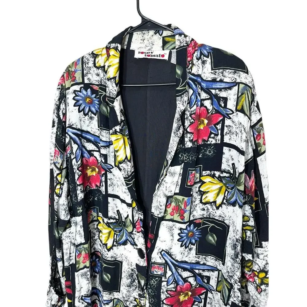 Rosey Tomato MultiColor Abstract Floral Print Button Front Long Sleeve Blazer 16